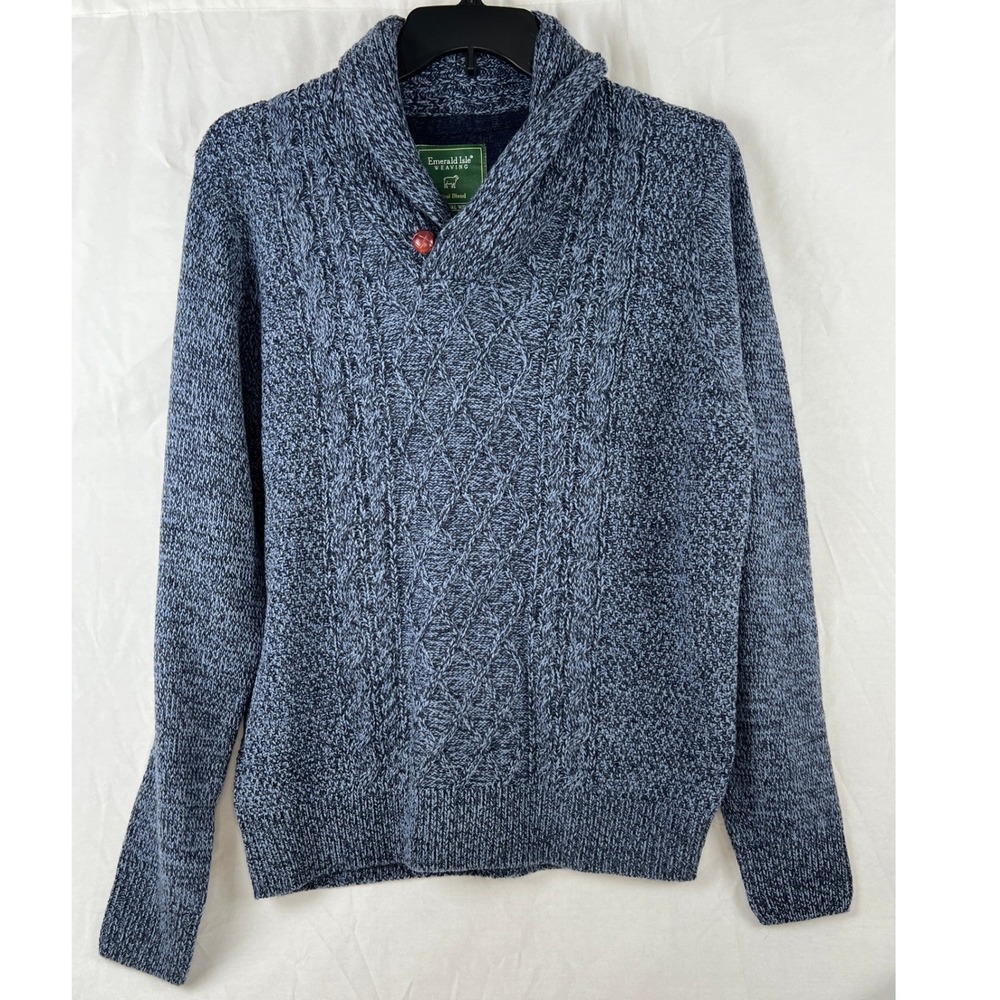 Emerald‎ Isle Weaving Mens XL Blue Cable Knit Wool Blend Shawl Collar Sweater